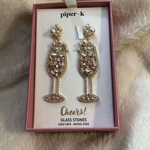 New In Box Piper K Cheers Champagne Earrings Glass Stones - Picture 1 of 4